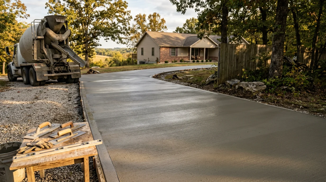 Freshly poured and finished concrete driveway