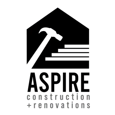 Aspire Construction logo featuring hammer and house silhouette with horizontal line details