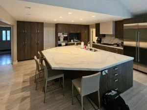 Modern kitchen with white quartz island, dark cabinetry, stainless steel appliances, and wood flooring