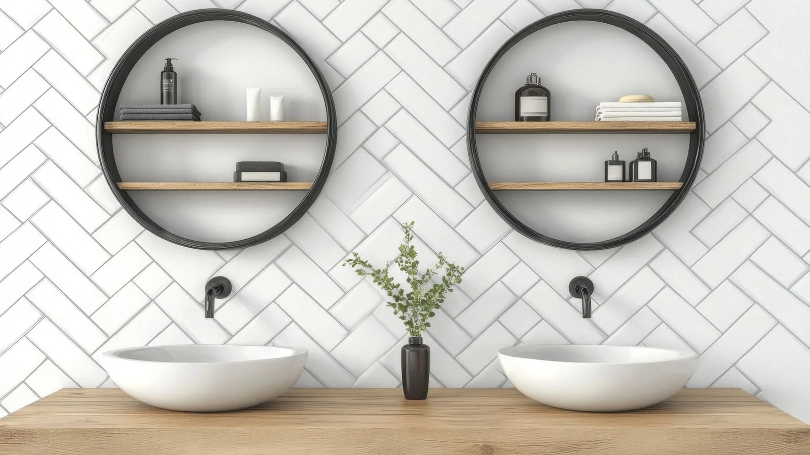 Dual white vessel sinks with black faucets, herringbone subway tile, circular mirrors with wood shelves
