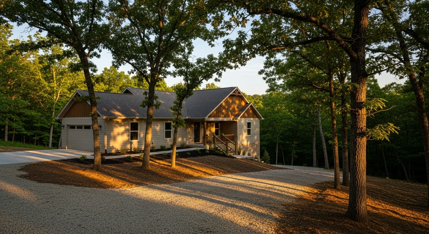Scenic Ozark hillside with a well-maintained residential property nestled among trees in Galena, MO.