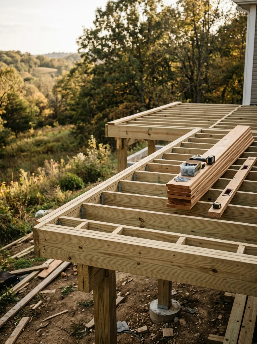 A wood deck under construction on a large suburban lot in Nixa, Missouri, with Ozark hillside terrain visible in the background.