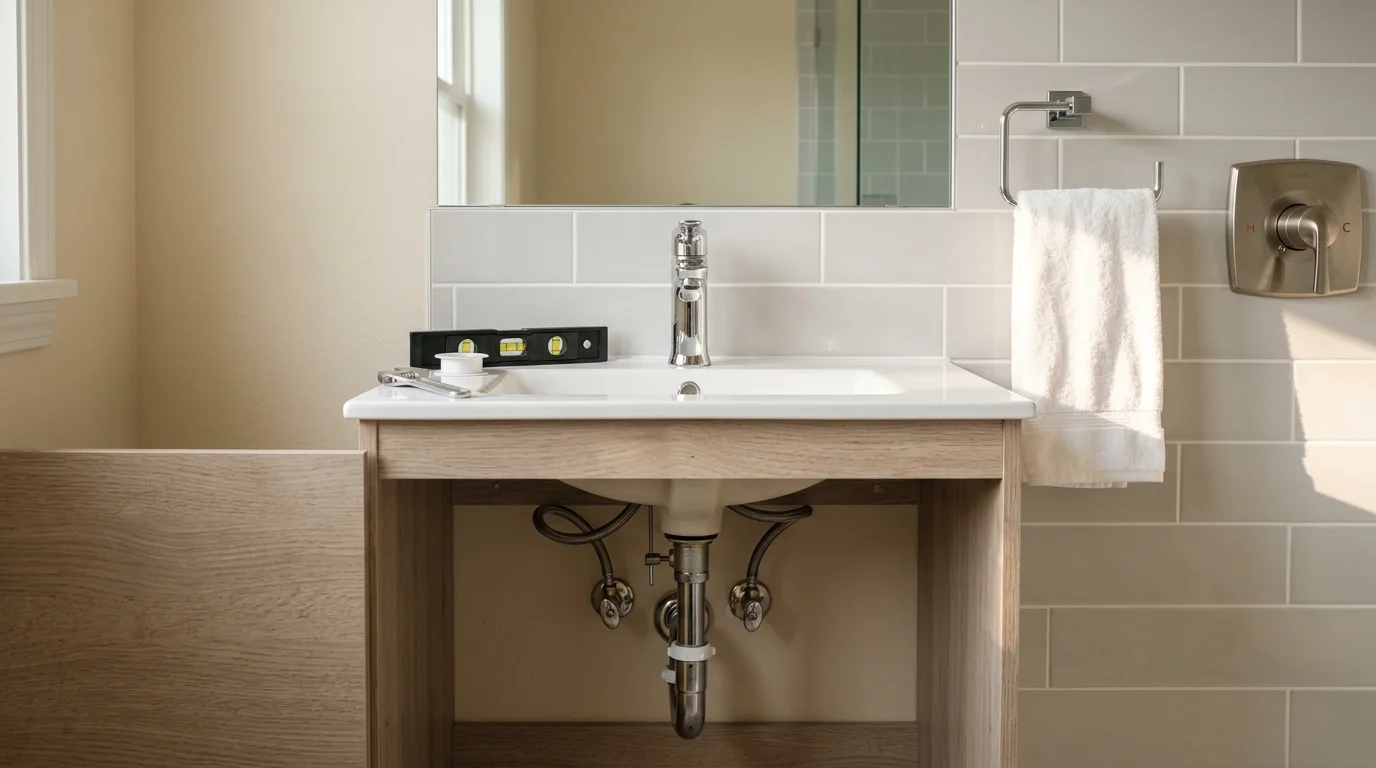 A newly installed bathroom sink and faucet set into a vanity inside a residential bathroom in Galena, MO. The fixture connections are clean and finished, with no visible gaps between the sink basin and the surrounding countertop surface.
