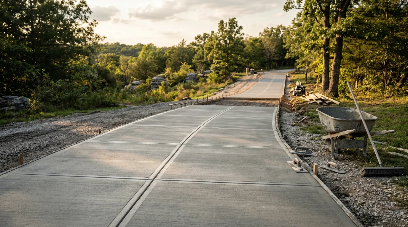 A freshly installed concrete driveway leading to a residential home in Galena, MO, with a smooth finished surface and clean edges. The surrounding landscape reflects the rolling terrain typical of the Ozarks region in Stone County.