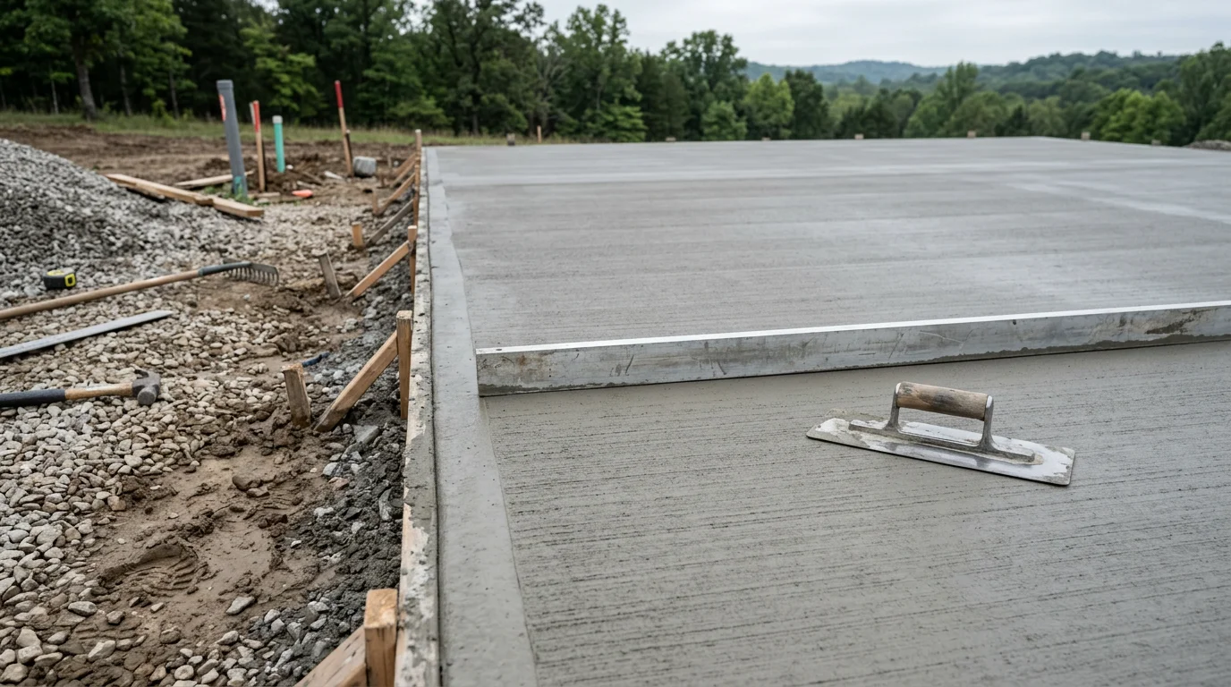 A freshly finished concrete slab with a clean broom texture outside a residential property in Galena, MO. The surface is level and smooth with crisp edges, ready for use.