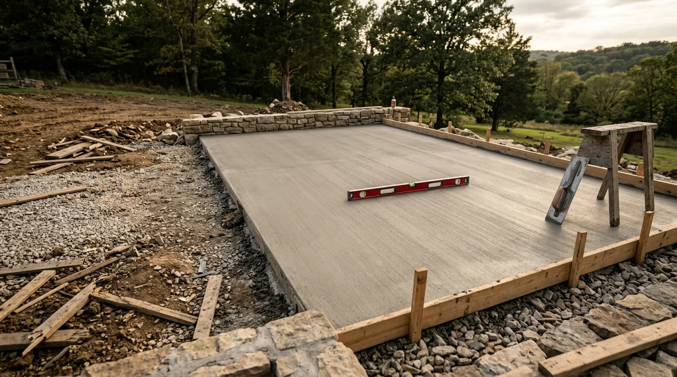 A freshly poured and finished concrete patio behind a residential home in Galena, Missouri, surrounded by Ozarks landscape. The smooth slab extends from the back door with clean edges and a uniform broom-finish surface.