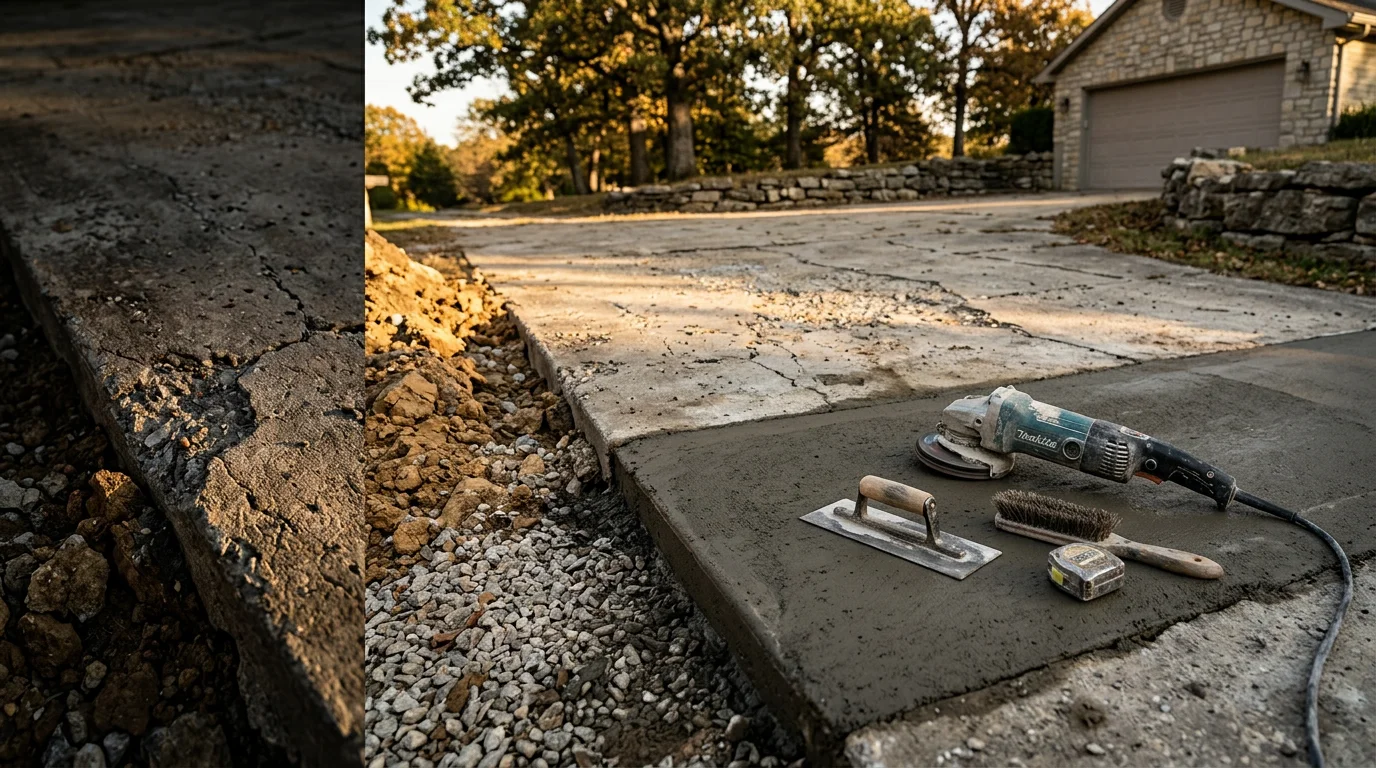 Repaired concrete driveway surface in Galena, MO showing filled cracks and restored finish on a residential property. Close-up view highlights smooth, patched concrete against the surrounding Ozarks landscape.