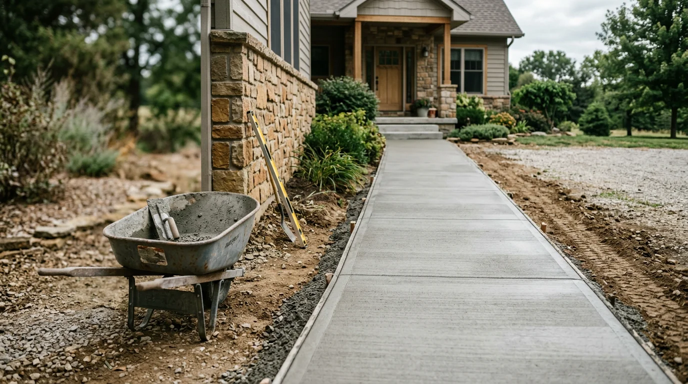 A freshly poured concrete walkway leading to the front entrance of a residential home in Galena, MO, with a smooth finish and clean edges set against a natural Ozarks landscape.