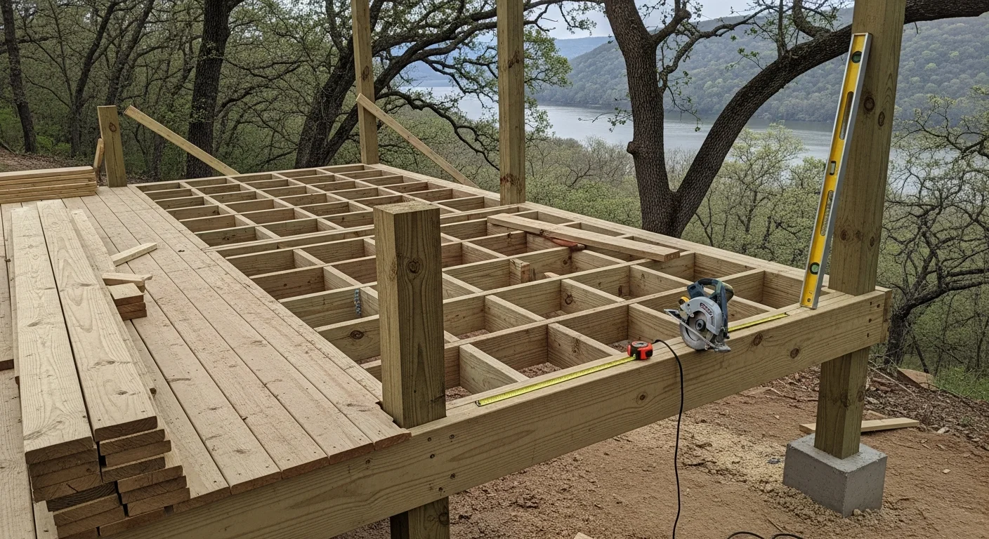 A newly built wood-framed deck attached to a single-family home on a sloped, wooded lot in Galena, Missouri. The deck includes a railing system and stair access, with mature Ozarks trees visible in the background.