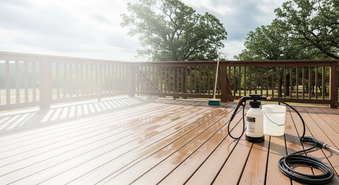 A freshly finished wood deck on a Galena, MO home showing even stain color and clean board surfaces. The deck boards show a rich, smooth finish with no gray or weathered wood visible.