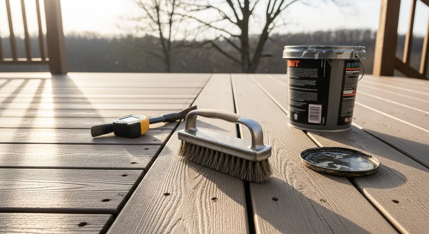 A freshly cleaned and sealed wood deck on a residential home in Galena, MO, with tight railings and uniform board surfaces showing no visible rot or weathering. A deck contractor from Aspire Construction And Renovations inspects the structure in the background.