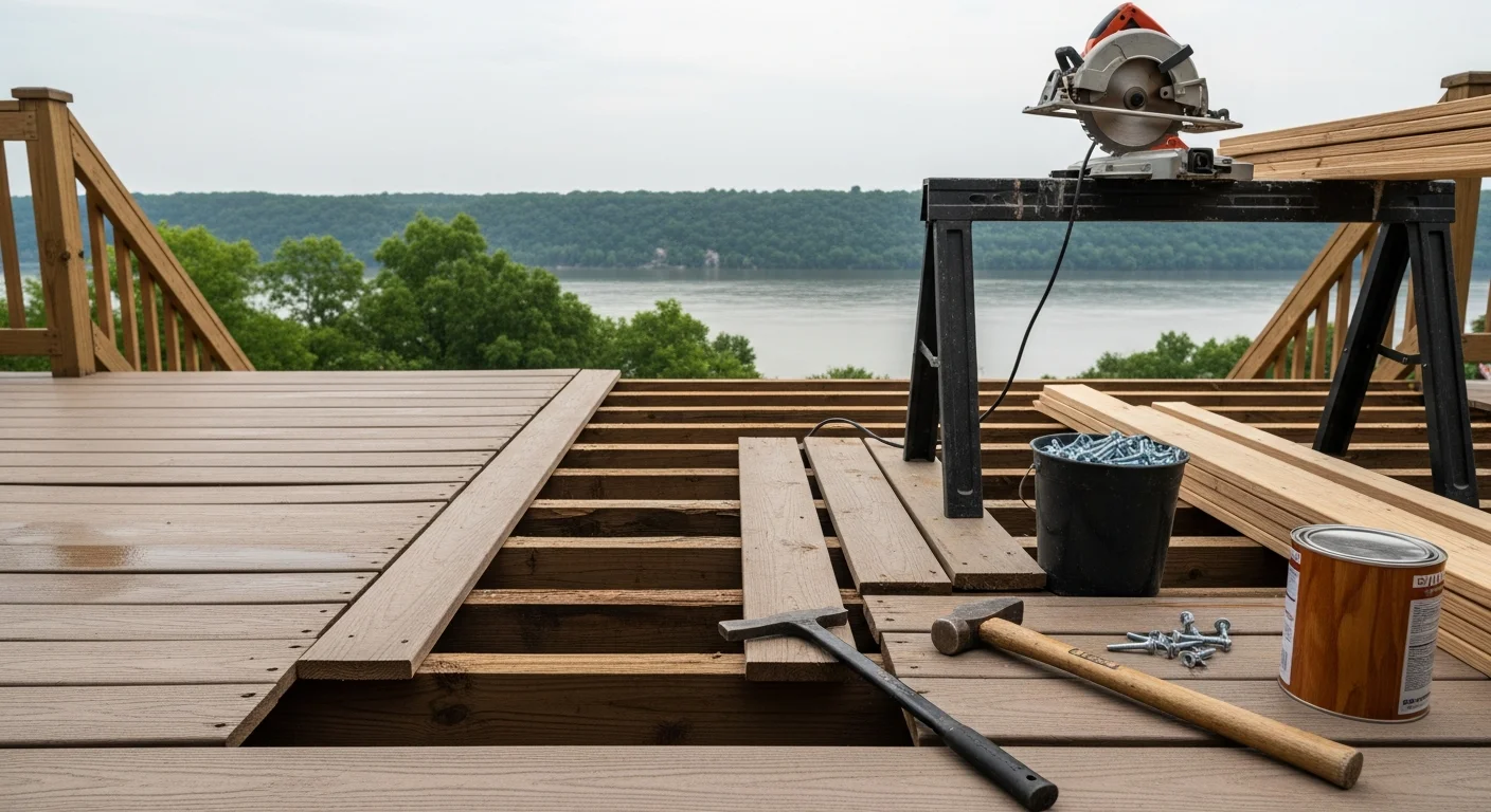 A repaired residential deck on a single-family home in Galena, MO, showing replaced decking boards, secure railings, and solid post connections. The deck overlooks a wooded Ozarks yard typical of Stone County properties.