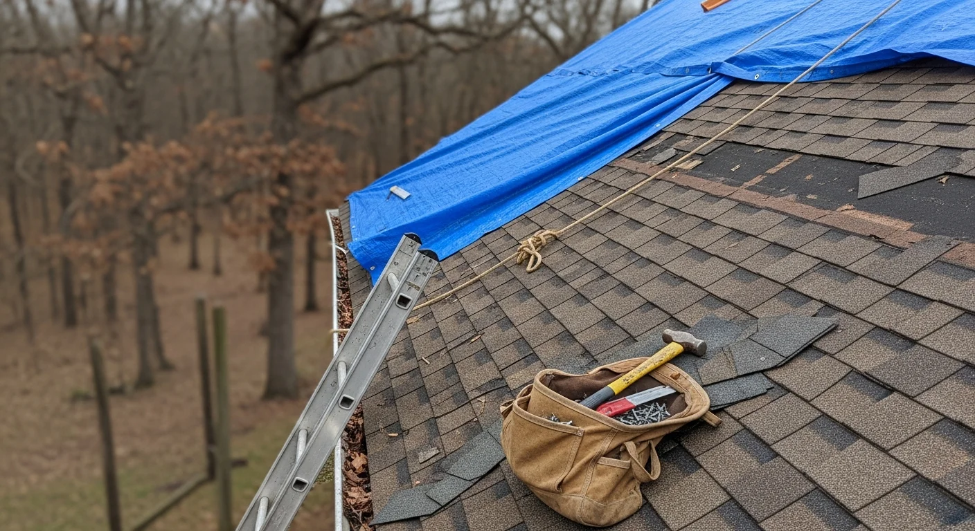 A Galena, MO residential roof showing storm damage with missing shingles and exposed decking after a severe weather event. An Aspire Construction And Renovations crew member inspects the damaged section from the rooftop.