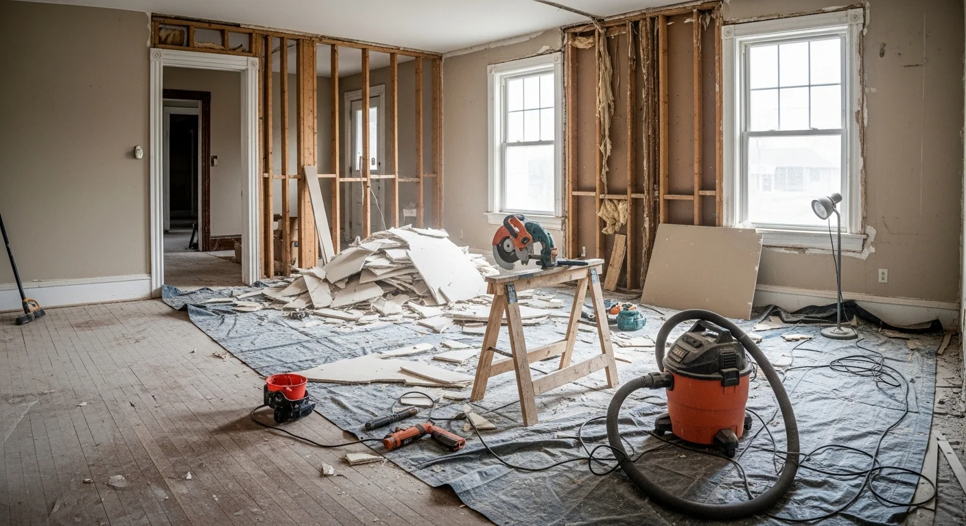 Interior of a Galena, MO home mid-demolition with walls stripped to the studs and flooring removed in preparation for renovation. A cleared room with exposed framing shows the space ready for the next phase of construction.