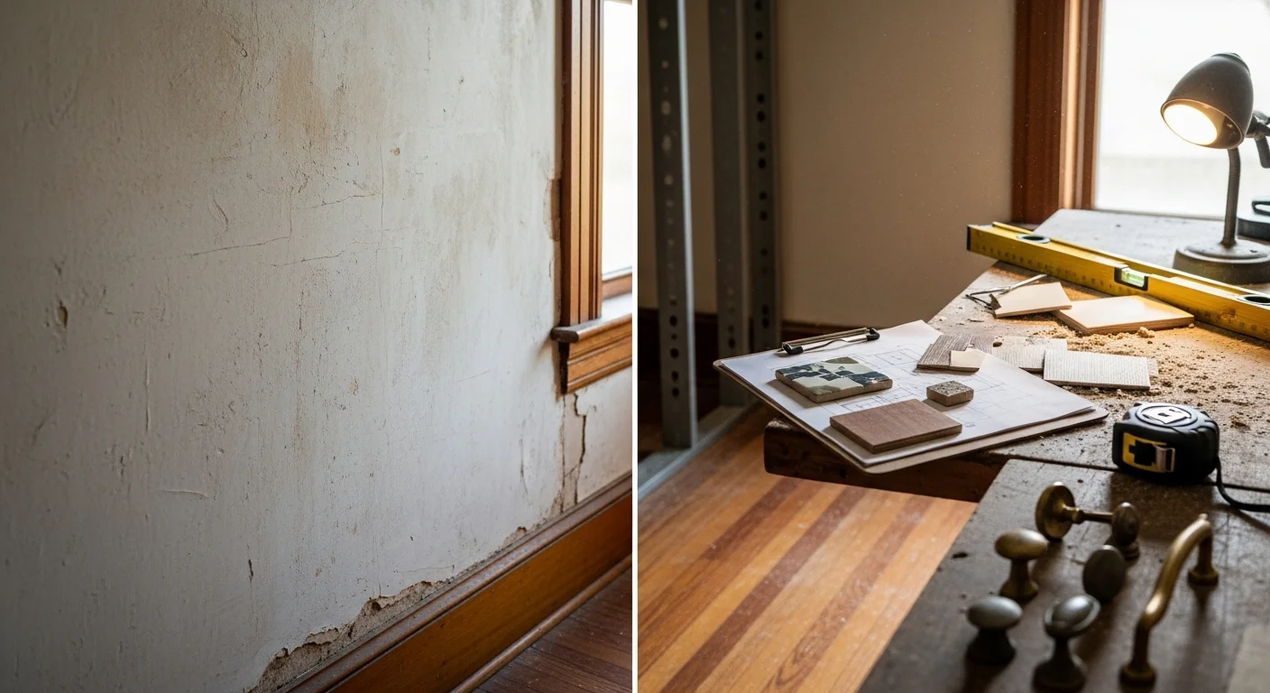 A general contractor reviewing a remodeling plan with a homeowner inside an older single-story home in Galena, MO. The contractor points to a wall layout while the homeowner reviews a printed project summary.