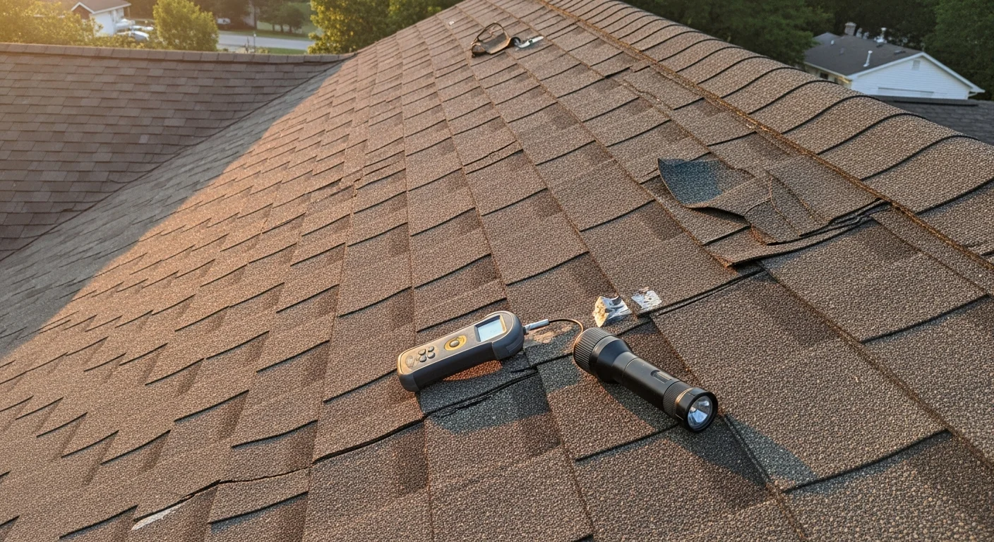A roofing contractor from Aspire Construction And Renovations inspecting shingles and flashing on a residential roof in Galena, MO. The inspector examines the roof surface up close for signs of hail impact and wind damage.