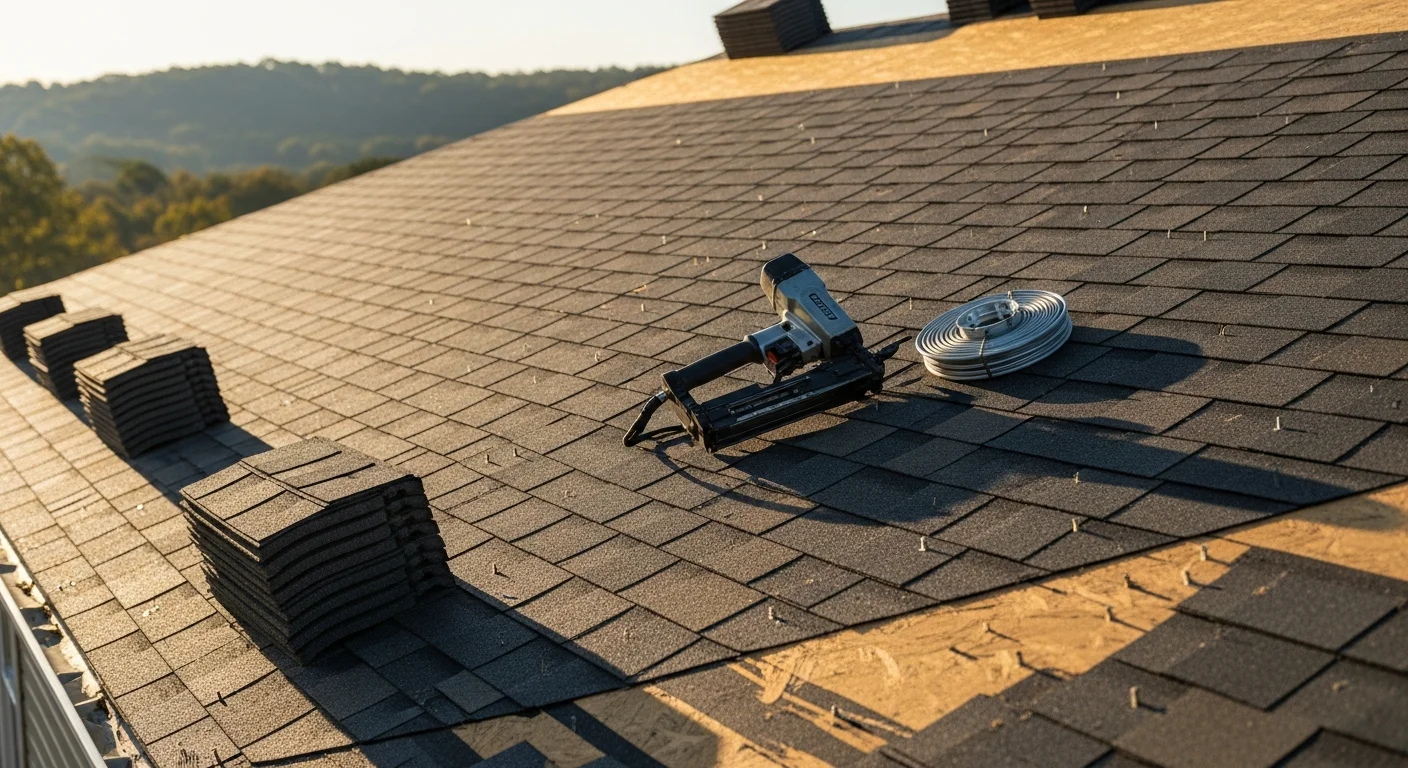 A newly installed roof on a single-family home in Galena, Missouri, showing clean ridge lines and uniform roofing material against an Ozarks tree line. The completed installation covers a sloped residential roof typical of Stone County properties near the James River area.