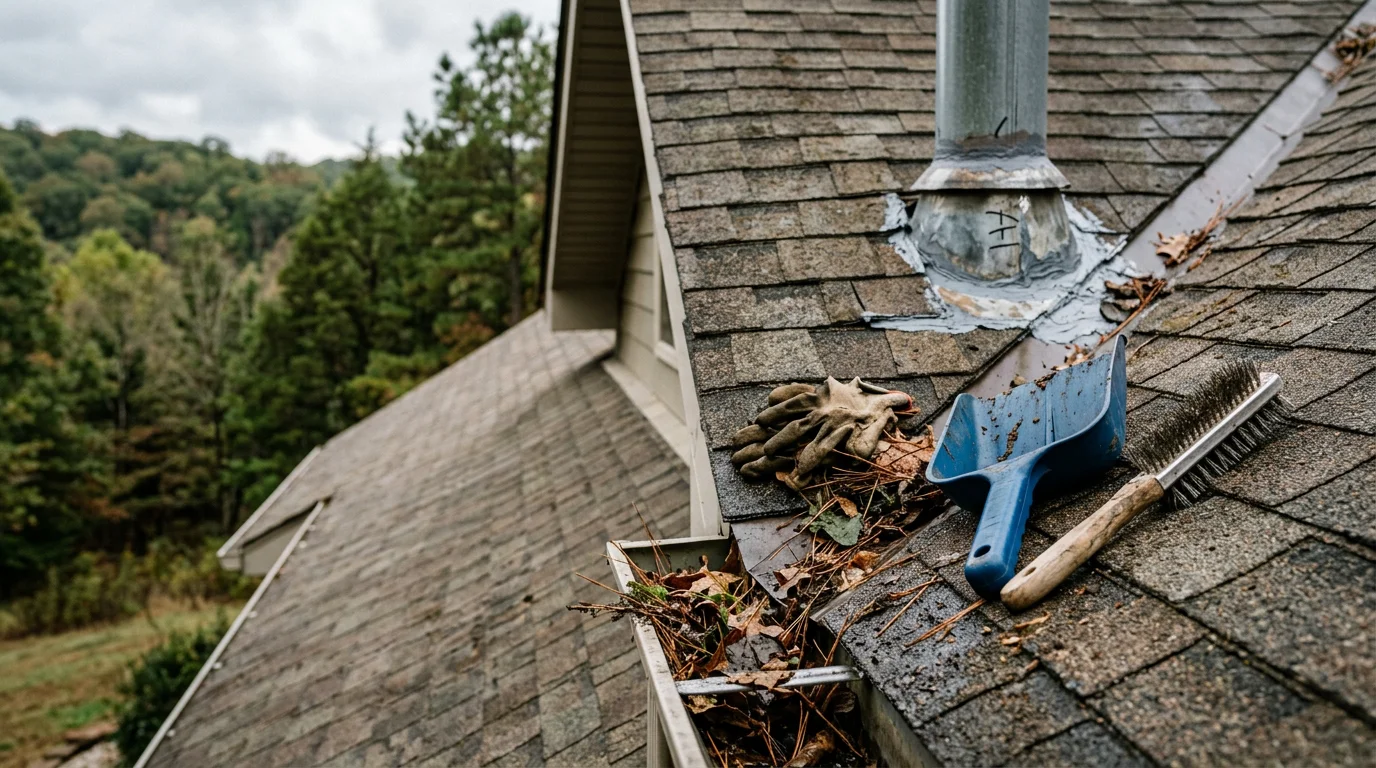 A roofing contractor performing maintenance on a residential roof in Galena, MO, clearing debris from gutters and checking flashing along the roofline. The home is surrounded by the wooded Ozarks landscape typical of Stone County, Missouri.
