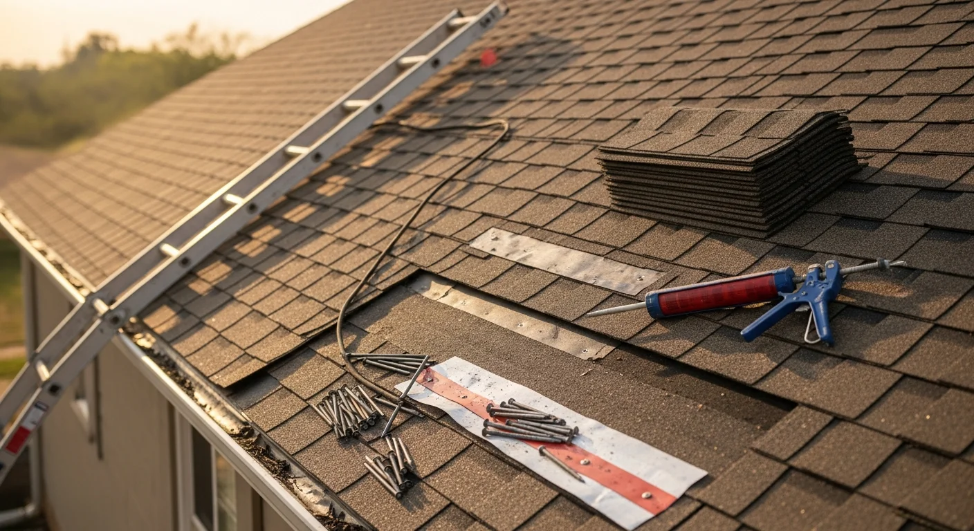 A roofing contractor repairing damaged shingles and flashing on a residential home in Galena, Missouri. The repair work is visible along the roof slope, with the Ozark landscape visible in the background.