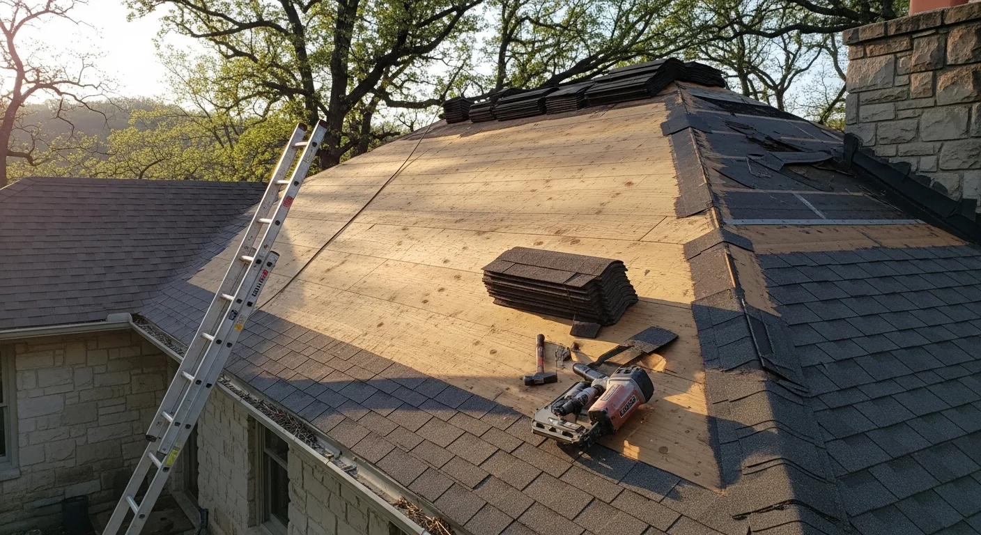 A completed residential roof replacement on a single-family home in Galena, MO, showing new roofing installed over a wood-frame structure surrounded by Ozark-area tree cover. The finished roof shows clean ridge lines and uniform shingle coverage across the full deck.
