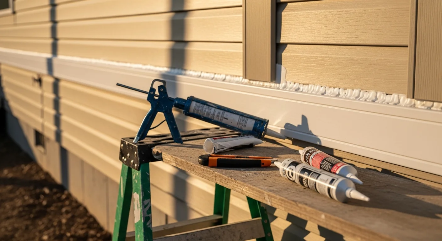 A contractor applying caulk and trim detail along the siding edges of a single-family home in Galena, MO. The finished exterior shows clean corner caps and sealed seams on a wood-frame house set against an Ozark landscape.