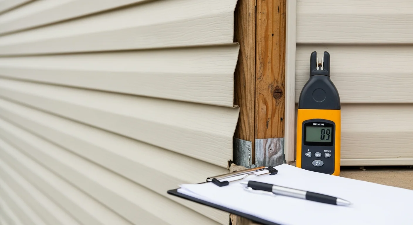 A siding contractor from Aspire Construction And Renovations inspecting the exterior panels and trim of a single-family home in Galena, MO. Close-up view shows the inspector examining a seam near a window for gaps and moisture damage.