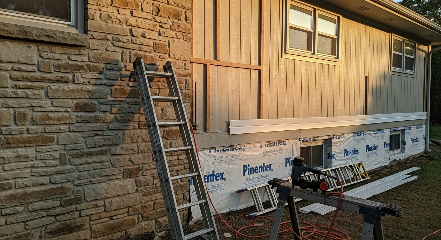 New siding installed on a residential home in Galena, MO, with clean seams and finished trim along the roofline and corners. The exterior shows no gaps or warping, with the James River valley visible in the background.
