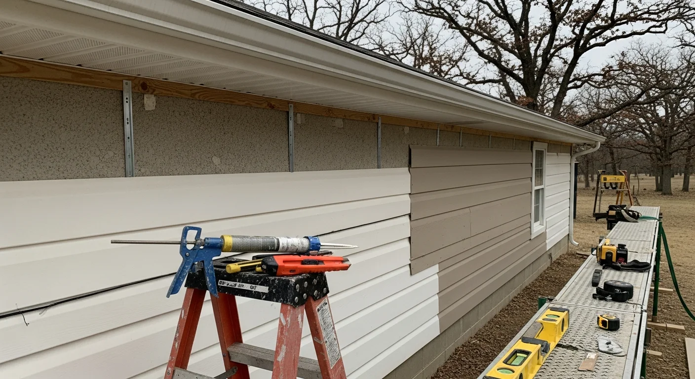 A Galena, MO home exterior showing freshly repaired siding panels along the front wall, with clean seams and consistent color matching the surrounding sections. The Stone County property sits on a wooded lot typical of the Ozarks region.