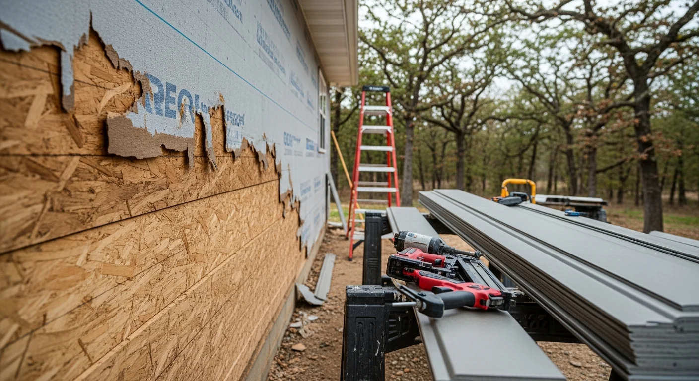 Freshly installed siding on a single-family home in Galena, MO, with clean trim lines and no visible gaps or damage. The exterior shows a complete replacement on a wooded Stone County lot with the finished wall sealed from foundation to roofline.