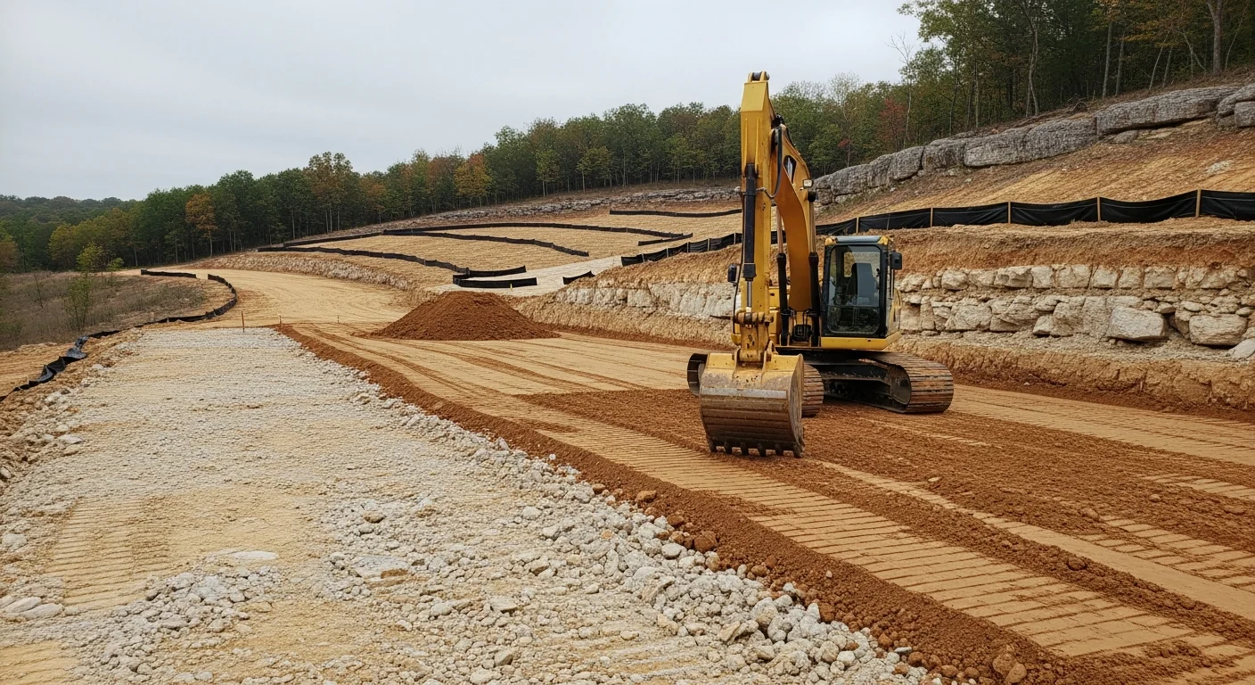 A graded and cleared residential building lot in Galena, MO with exposed compacted subsoil, sloped terrain, and no vegetation remaining in the build zone. Heavy equipment tracks are visible across the leveled ground, showing active site preparation work in a wooded Ozark Plateau setting.