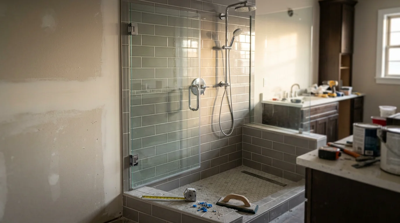 A finished walk-in shower installation in a Galena, MO home, showing a tiled shower base with a clear glass enclosure and clean wall surround. The shower replaces a former bathtub in a mid-size bathroom typical of Stone County residential construction.